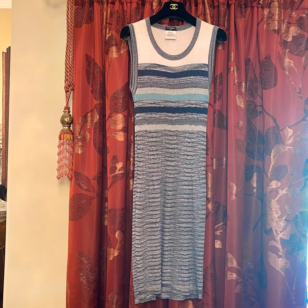 Chanel blue knit metallic dress. Size 44. Very stretchy.